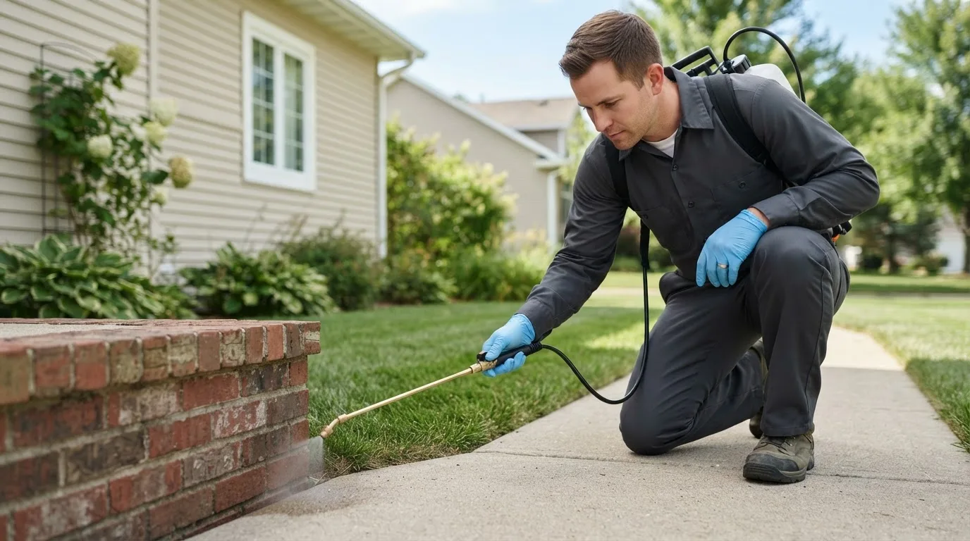 Pest control technician treating a home near Crawfordville, GA